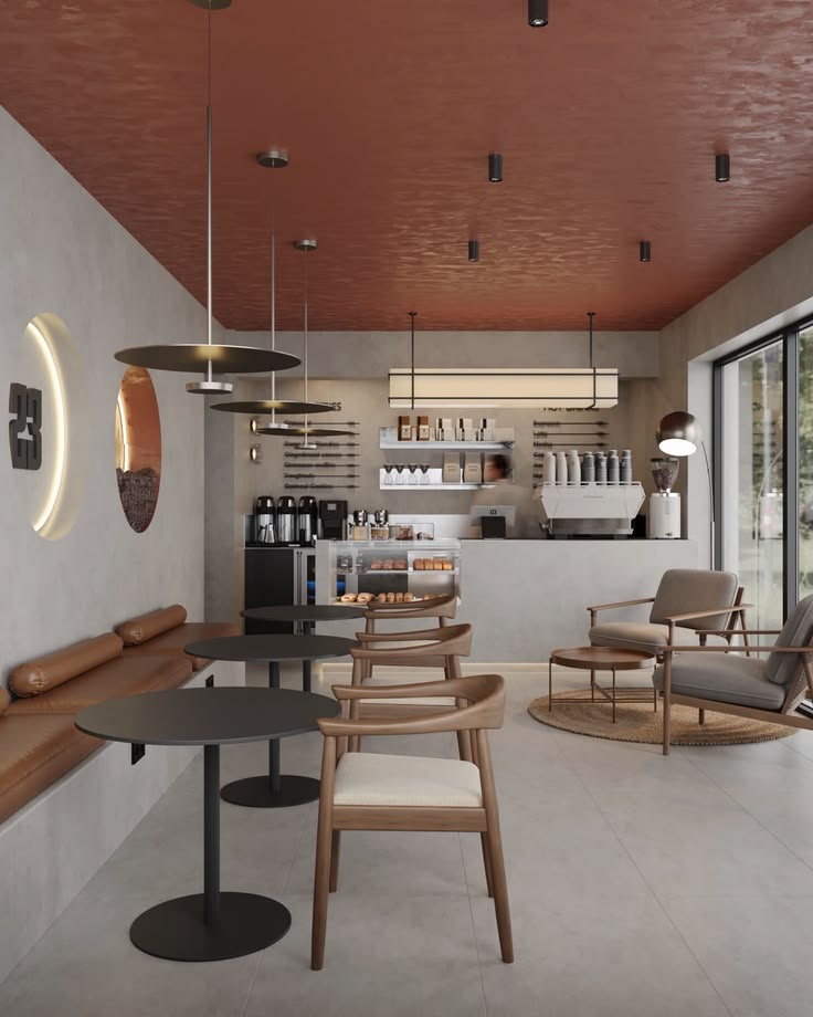 Modern Bistro Lounge with Designer Bar Counter & Brass Pendant Arrays #3